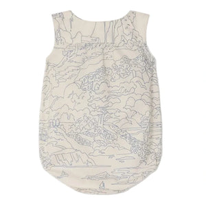 The Bonpoint Baby Boys' Nico Romper is a sleeveless organic cotton outfit in light beige, adorned with a blue landscape print of trees, hills, and boats.