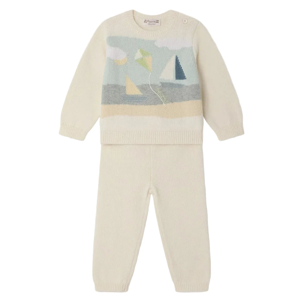 The Bonpoint Baby Boys' Leandre Hand-Embroidered Set features a cream organic cotton sweater and pants; the sweater is adorned with pastel seaside motifs for a cozy, charming look.
