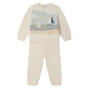 The Bonpoint Baby Boys' Leandre Hand-Embroidered Set features a cream organic cotton sweater and pants; the sweater is adorned with pastel seaside motifs for a cozy, charming look.