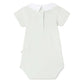 The Bonpoint Baby Juillet Bodysuit features hand-embroidered sailboats, light grey organic cotton, short sleeves, a white collar, buttoned front placket, and stitched edges, shown against a plain white background.