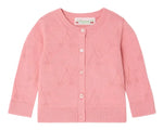 The Bonpoint Baby Girls' and Girls' Teyana Cardigan is a light pink organic cotton cardigan with a subtle cherry pattern, round neckline, long sleeves, and front button closure.