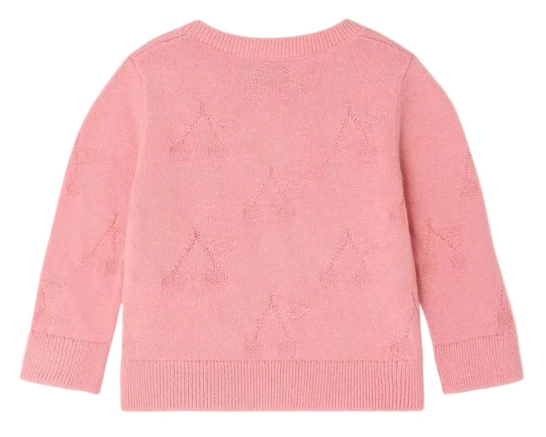 The Bonpoint Baby Girls' and Girls' Teyana Cardigan is a light pink, long-sleeved organic cotton knit with a subtle cherry pattern, shown from the back.
