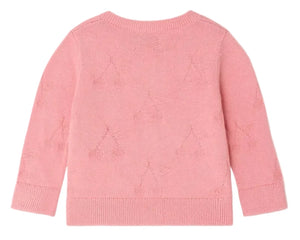 The Bonpoint Baby Girls' and Girls' Teyana Cardigan is a light pink, long-sleeved organic cotton knit with a subtle cherry pattern, shown from the back.