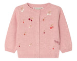The Bonpoint Baby Girls' Claudie Cardigan with Hand-Embroidered Cherries features long sleeves and front buttons, adding a charming touch to any little one’s wardrobe.