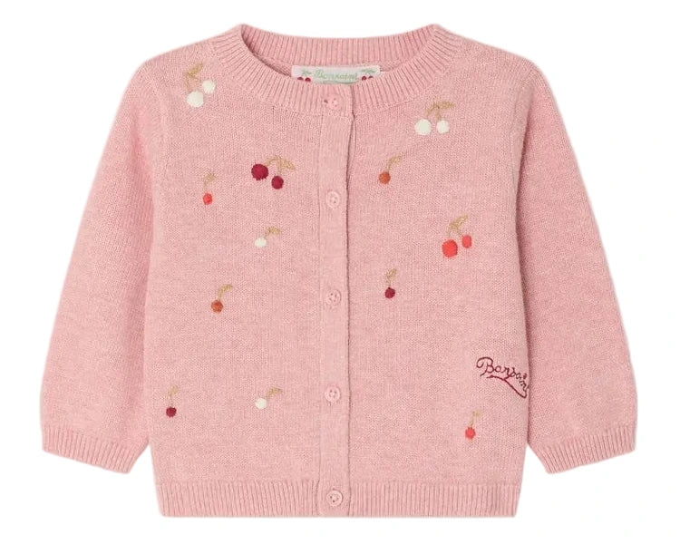 The Bonpoint Baby Girls' Claudie Cardigan with Hand-Embroidered Cherries features long sleeves and front buttons, adding a charming touch to any little one’s wardrobe.