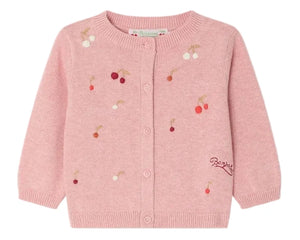 The Bonpoint Baby Girls' Claudie Cardigan with Hand-Embroidered Cherries features long sleeves and front buttons, adding a charming touch to any little one’s wardrobe.