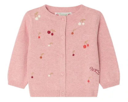 The Bonpoint Baby Girls' Claudie Cardigan with Hand-Embroidered Cherries features long sleeves and front buttons, adding a charming touch to any little one’s wardrobe.