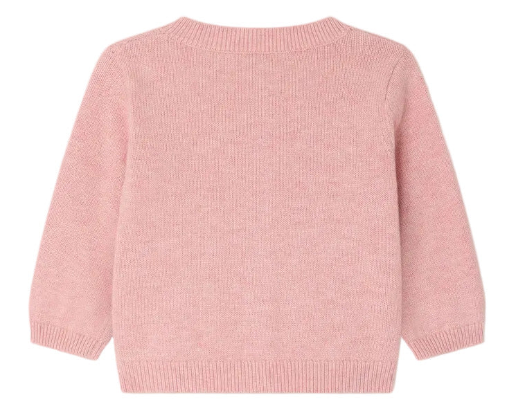 A Baby Girls' Claudie Cardigan with Hand-Embroidered Cherries by Bonpoint is shown laid flat, back facing up, against a white background.