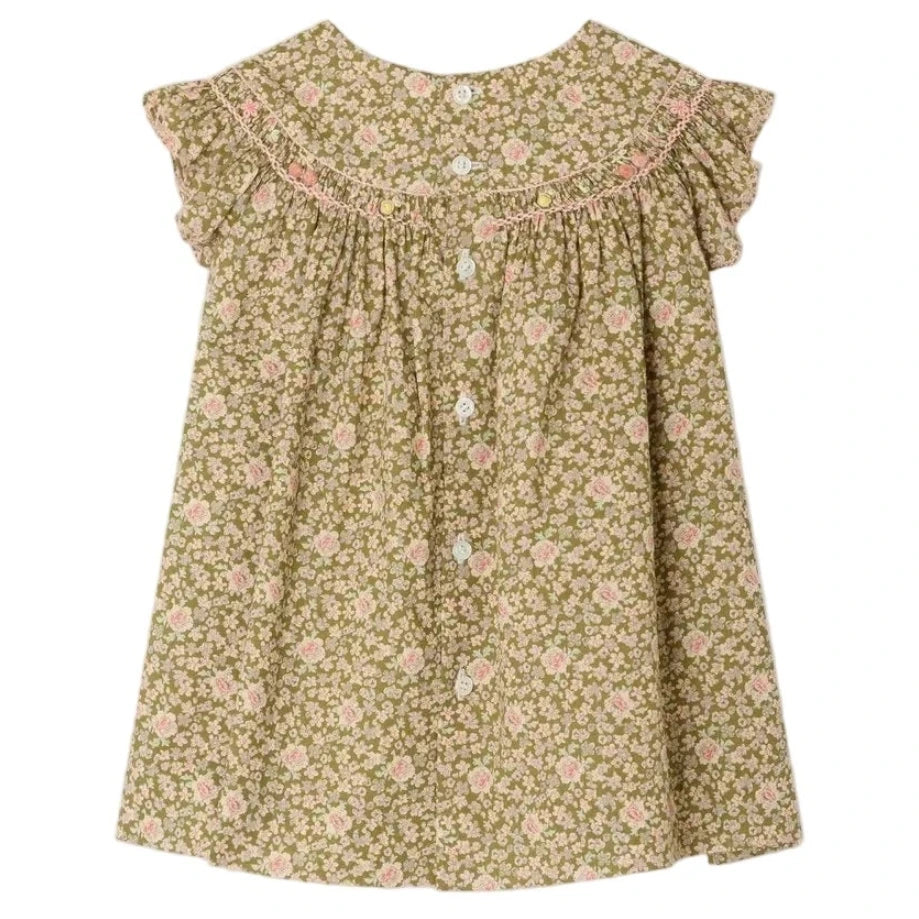 The Bonpoint Baby Girls' and Girls' Amantine Smocked Dress features ruffled short sleeves, a floral print in green and pink, and a button-down back—perfect for any occasion.