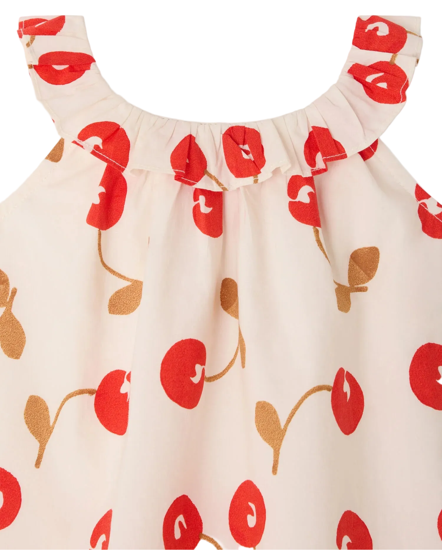 The Bonpoint Baby Girls' and Girls' Niniki Ruffled Dress is an ivory organic cotton dress with a ruffled neckline, adorned with a red cherry and brown stem print.