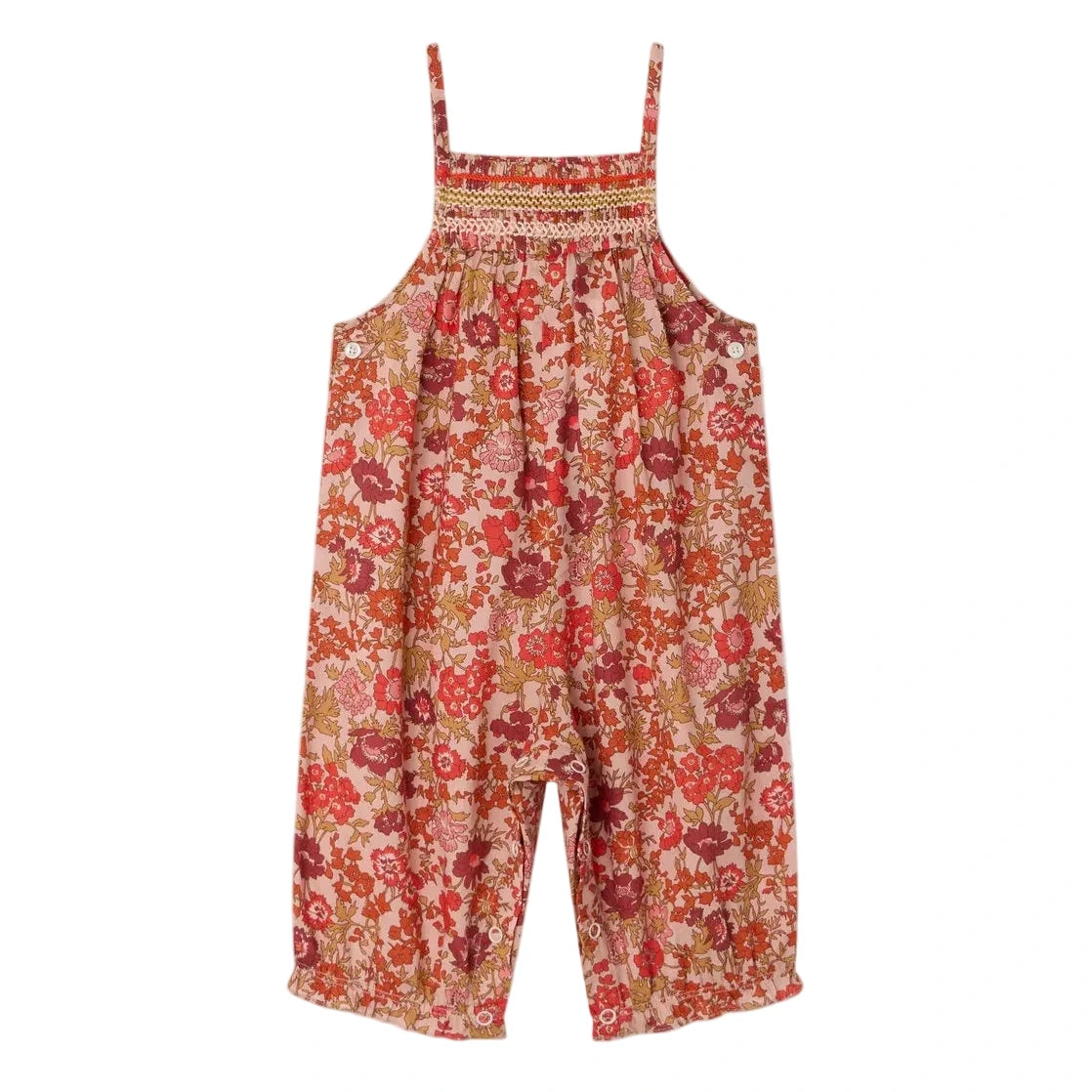 Bonpoint's Baby Girls' Lilisy Dungarees in Liberty Fabric are sleeveless with thin straps, showcasing a red, pink, and beige floral print on light brown.