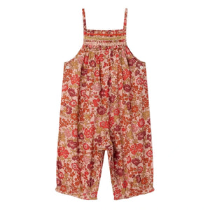 Bonpoint's Baby Girls' Lilisy Dungarees in Liberty Fabric are sleeveless with thin straps, showcasing a red, pink, and beige floral print on light brown.