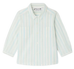 The Bonpoint Baby Boys' Lawson Striped Shirt features light blue and white vertical stripes, a classic collar, and long sleeves. The button-up is displayed laid flat on a white background.