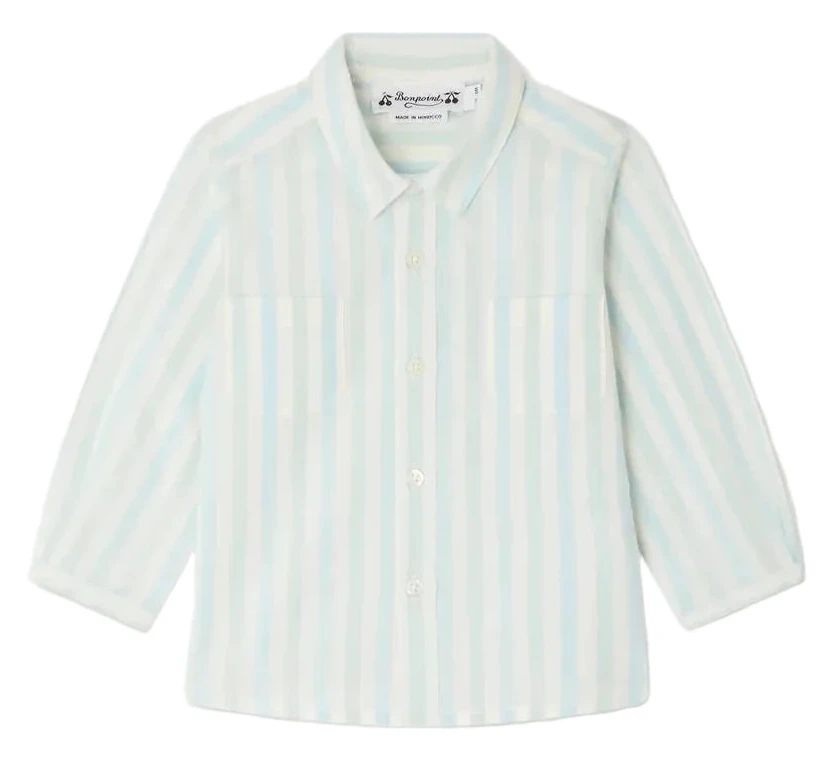The Bonpoint Baby Boys' Lawson Striped Shirt features light blue and white vertical stripes, a classic collar, and long sleeves. The button-up is displayed laid flat on a white background.