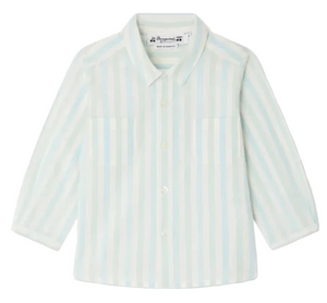 The Bonpoint Baby Boys' Lawson Striped Shirt features light blue and white vertical stripes, a classic collar, and long sleeves. The button-up is displayed laid flat on a white background.
