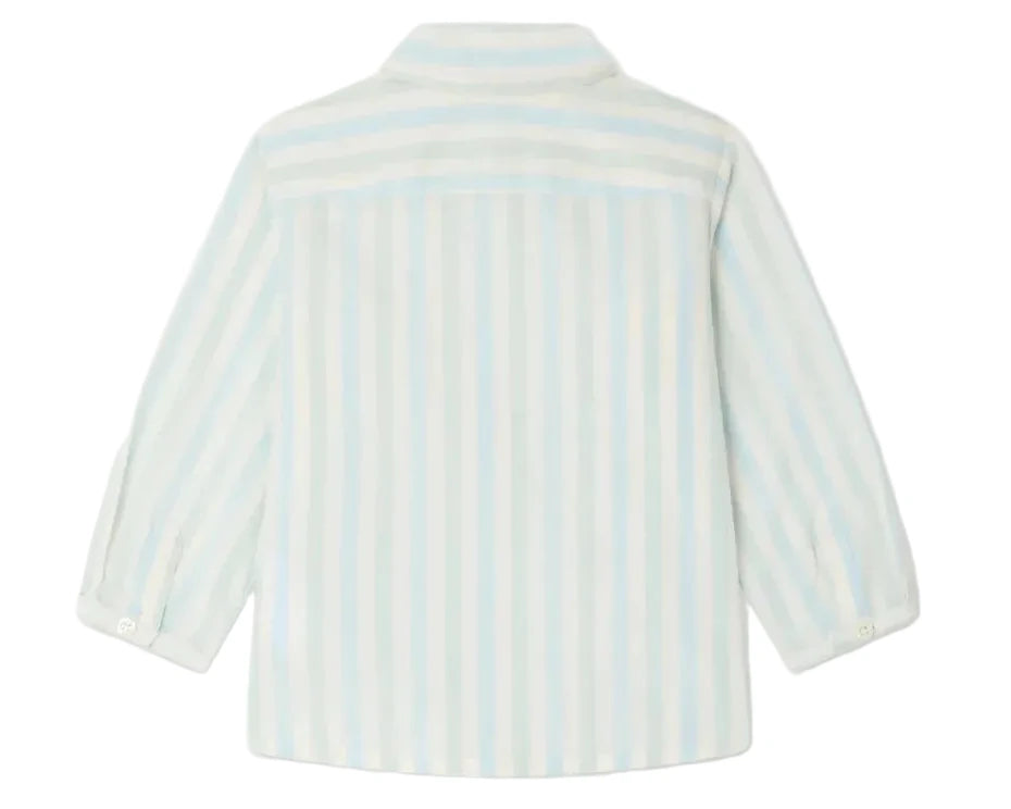 Back view of the Baby Boys' Lawson Striped Shirt by Bonpoint, a long-sleeve button-up with light blue and white vertical stripes.