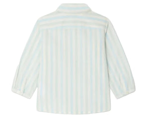 Back view of the Baby Boys' Lawson Striped Shirt by Bonpoint, a long-sleeve button-up with light blue and white vertical stripes.