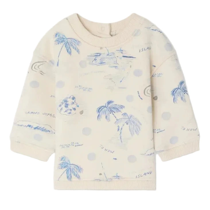 The Bonpoint Baby Boys' and Boys' Dady Sweatshirt with Island Print features long sleeves, a cream organic cotton fleece, blue island and palm tree designs, round neck, plus ribbed cuffs and hem.