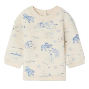 The Bonpoint Baby Boys' and Boys' Dady Sweatshirt with Island Print features long sleeves, a cream organic cotton fleece, blue island and palm tree designs, round neck, plus ribbed cuffs and hem.