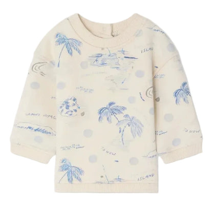The Bonpoint Baby Boys' and Boys' Dady Sweatshirt with Island Print features long sleeves, a cream organic cotton fleece, blue island and palm tree designs, round neck, plus ribbed cuffs and hem.