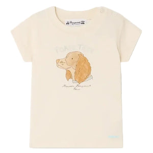 The Bonpoint Baby Boys' Tom T-Shirt is a cream-colored cotton jersey tee featuring a cute dog print with text above and below the illustration.