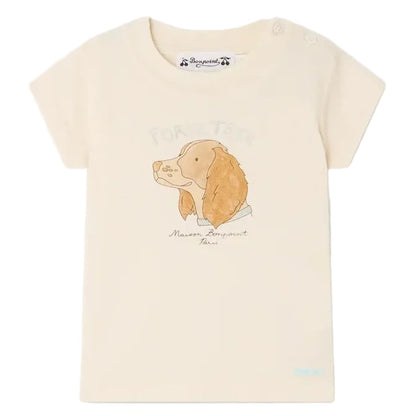 The Bonpoint Baby Boys' Tom T-Shirt is a cream-colored cotton jersey tee featuring a cute dog print with text above and below the illustration.