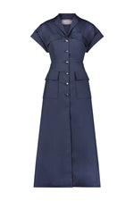 Lela Rose navy blue cotton poplin short sleeve button down midi dress with jewel facet buttons, and a belted waist, displayed against a white background.