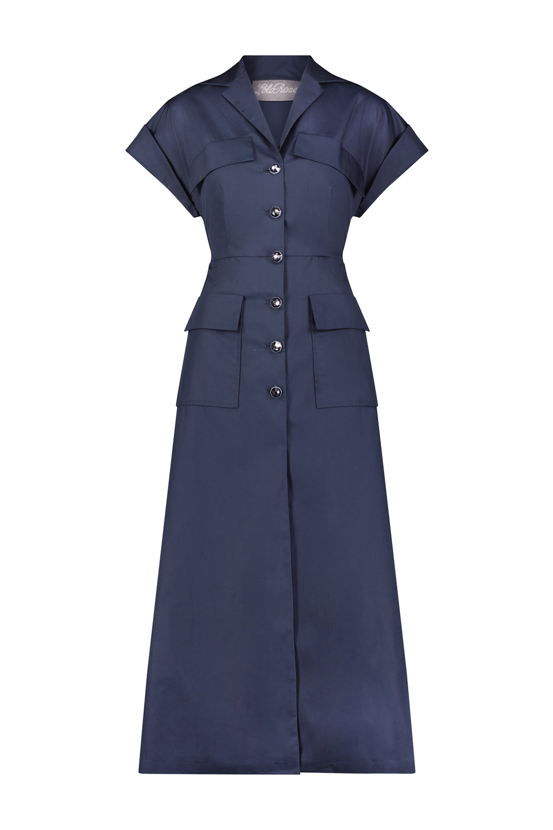 Lela Rose navy blue cotton poplin short sleeve button down midi dress with jewel facet buttons, and a belted waist, displayed against a white background.