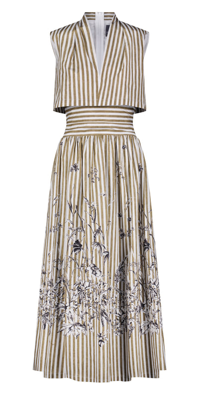 The Lela Rose Collared V-Neck Dress is a sleeveless, cotton poplin piece with vertical brown and white stripes, accented by floral details at the bottom.