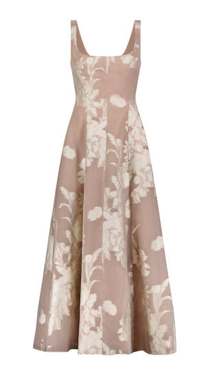 The Lela Rose Seam Detail Scoop Neck Midi Dress is sleeveless and light pink with an off-white floral pattern, featuring silk fil coupe fabric and an A-line silhouette.