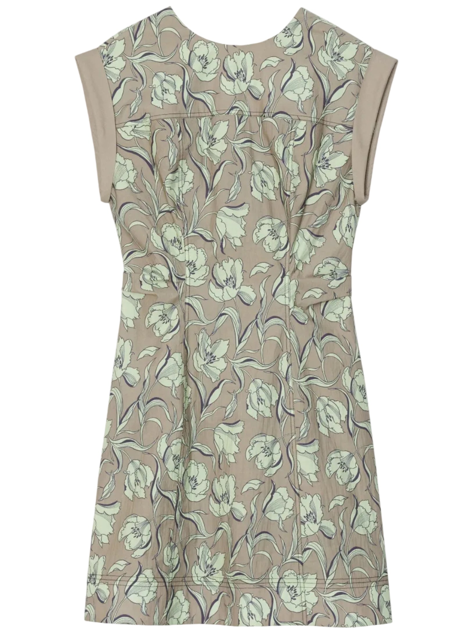 The 3.1 Phillip Lim Short Sleeve Floral Mini Dress features a chic 60s silhouette, light green floral graphic pattern, and fitted seams, displayed flat on a white background.