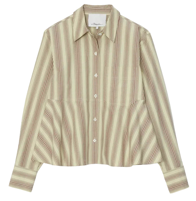 The Long Sleeve Striped Flounce Shirt by 3.1 Phillip Lim features beige and maroon vertical stripes, a menswear-inspired button-down design with collar, chest pocket, and a subtly flared waist.