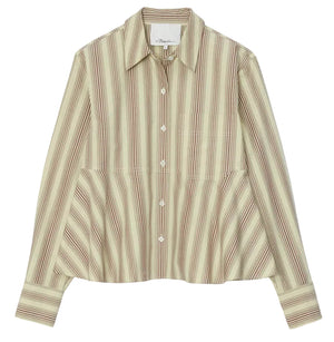 The Long Sleeve Striped Flounce Shirt by 3.1 Phillip Lim features beige and maroon vertical stripes, a menswear-inspired button-down design with collar, chest pocket, and a subtly flared waist.