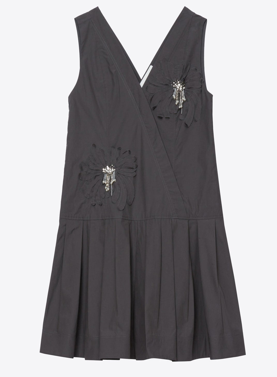 3.1 Phillip Lim Draped Tank Dress with Floral Applique features a sleeveless design in dark gray, a knee-length pleated skirt, and is adorned with two beaded floral appliqués on the chest and hip.