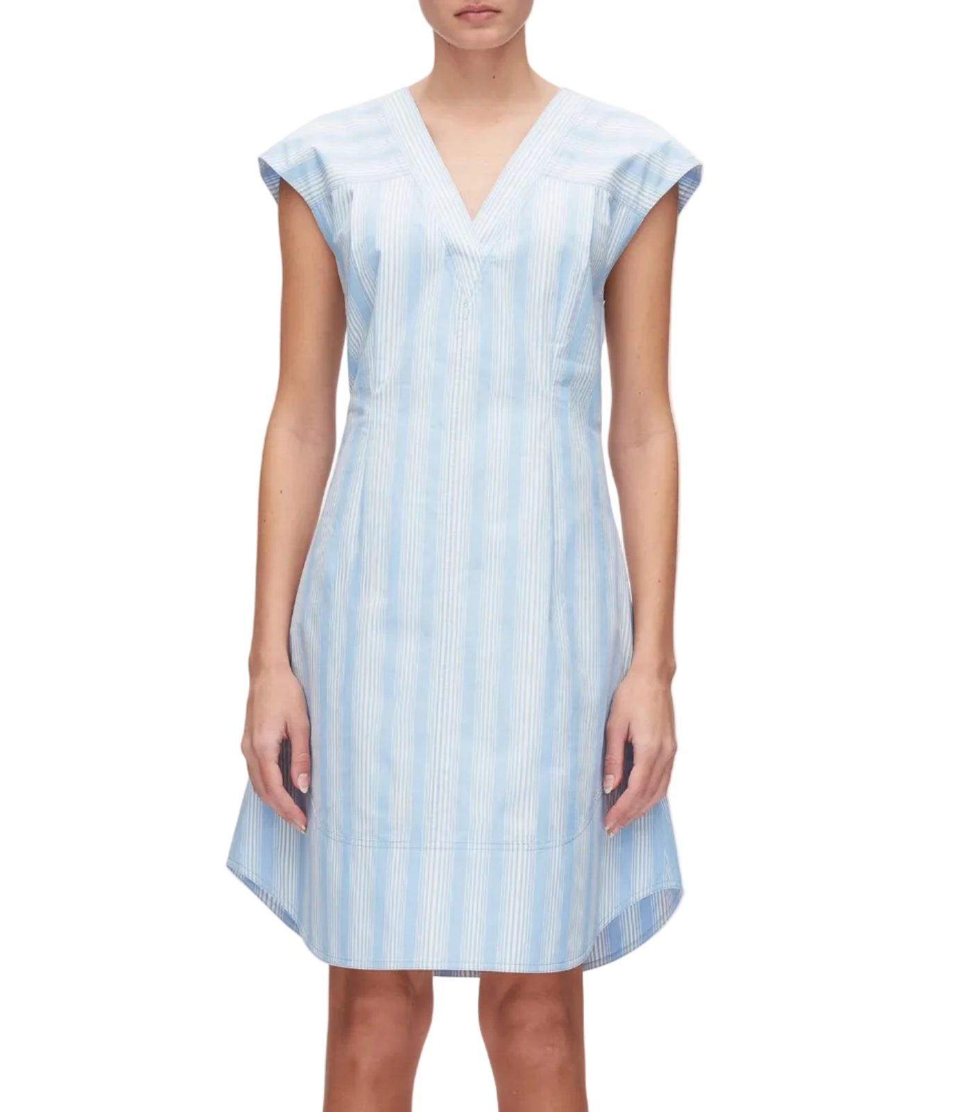 A person models the 3.1 Phillip Lim Striped Cap Sleeve Knee-Length Dress, featuring light blue and white vertical stripes and a V-neckline—ideal for spring and summer—against a white background.