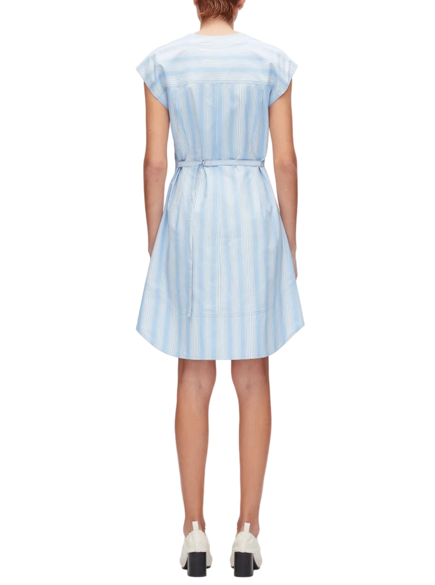 A person wearing the 3.1 Phillip Lim Striped Cap Sleeve Knee-Length Dress, shown from the back and paired with white heeled shoes—a stylish choice for spring and summer.