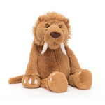 Stellan, the Sabre Tooth Tiger by Jellycat on a white background.