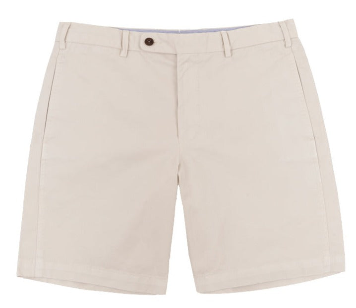 A pair of Sid Mashburn Garment Dyed Sport Shorts in beige lightweight cotton twill on a white background.