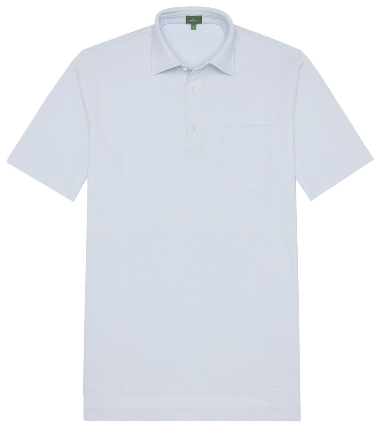 Plain white Sid Mashburn Short-Sleeved Polo with collar, Trocas shell buttons, and a front pocket displayed against a neutral background.