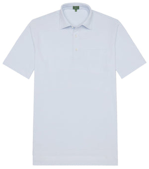 Plain white Sid Mashburn Short-Sleeved Polo with collar, Trocas shell buttons, and a front pocket displayed against a neutral background.