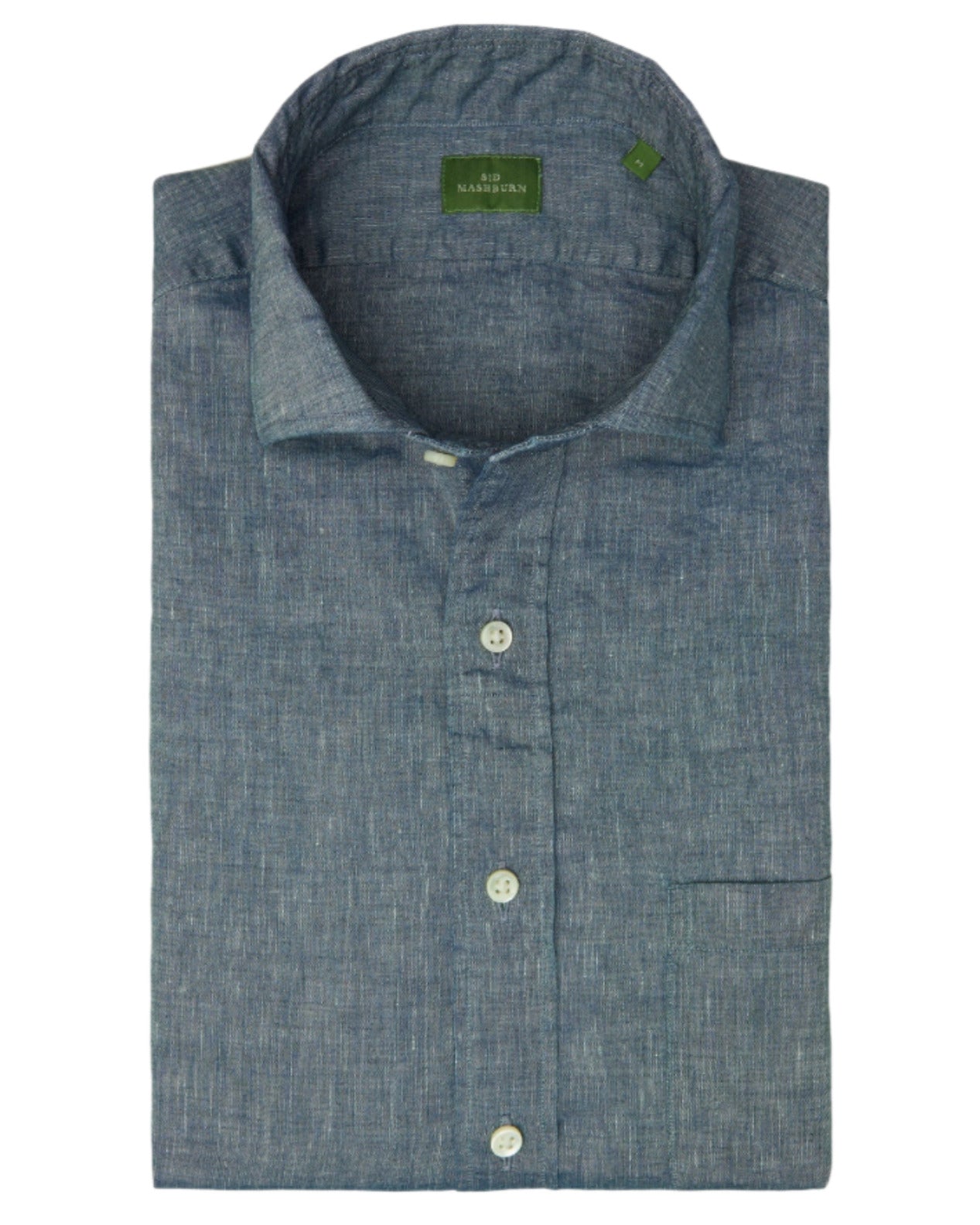 The Sid Mashburn Spread Collar Sport Shirt is a slim cut, long-sleeve blue chambray shirt with white buttons, crafted from Italian fabric and finished with a small green brand label inside the collar.