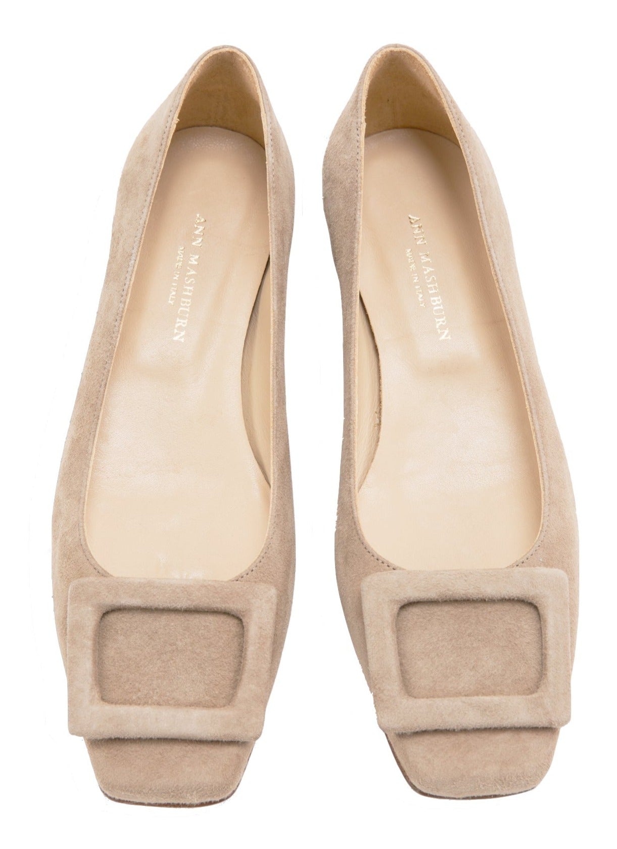 A pair of beige calf suede Ann Mashburn Suede Buckle Shoes with square-toe design and decorative buckles, displayed against a white background.