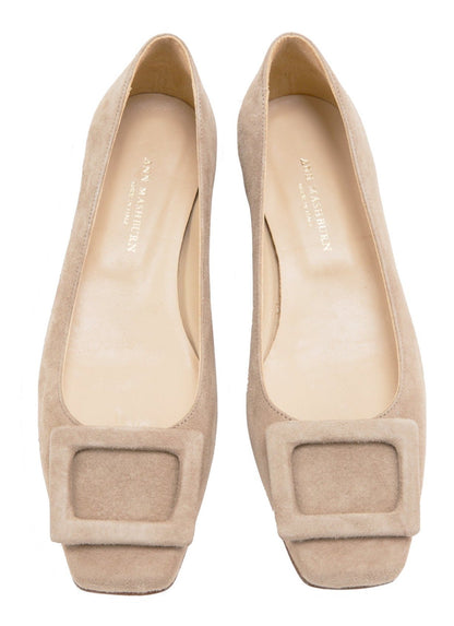 A pair of beige calf suede Ann Mashburn Suede Buckle Shoes with square-toe design and decorative buckles, displayed against a white background.