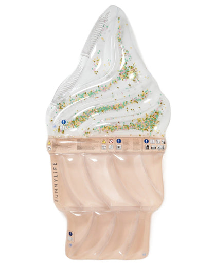 An inflatable pool float in the shape of a soft-serve ice cream cone with a sprinkles design on top, perfect for a pool party. The Sunnylife Luxe Lie-On Float, Ice Cream Sunday Multi is labeled "Sunnylife" on the cone portion.