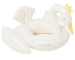 The Sunnylife Kids Tube Pool Ring, Princess Swan is an inflatable white swan pool float featuring a gold crown and the "SUNNYLIFE" brand name on its side. Made from durable PVC, it is non-toxic and Phthalate-free, ensuring safe fun in the pool.