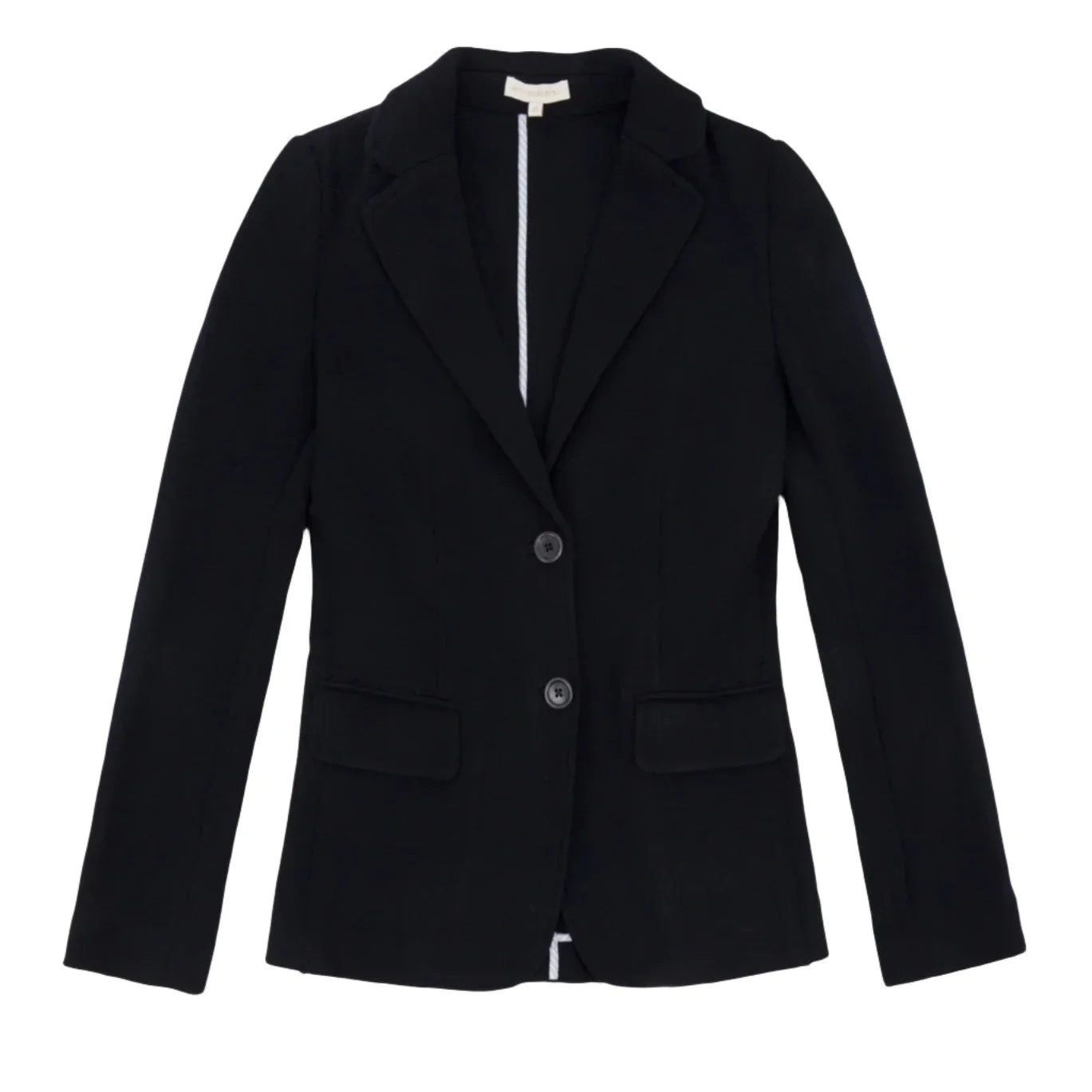 An image of the Ann Mashburn Parker Jacket, a black unlined blazer by Ann Mashburn featuring long sleeves, notch lapels, and two buttons on the front. Made from luxurious Italian wool, this versatile travel piece also includes two front pockets, perfect for any occasion.