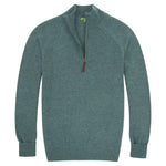 The Sid Mashburn Half-Zip Sweater, a light teal knit cashmere pullover with long sleeves, ribbed cuffs and hem, and a quarter-zip collar, is shown laid flat on a white background.