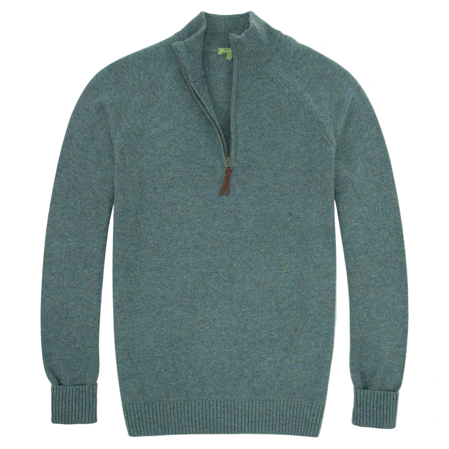The Sid Mashburn Half-Zip Sweater, a light teal knit cashmere pullover with long sleeves, ribbed cuffs and hem, and a quarter-zip collar, is shown laid flat on a white background.