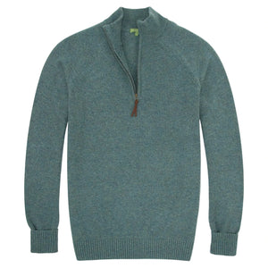 The Sid Mashburn Half-Zip Sweater, a light teal knit cashmere pullover with long sleeves, ribbed cuffs and hem, and a quarter-zip collar, is shown laid flat on a white background.