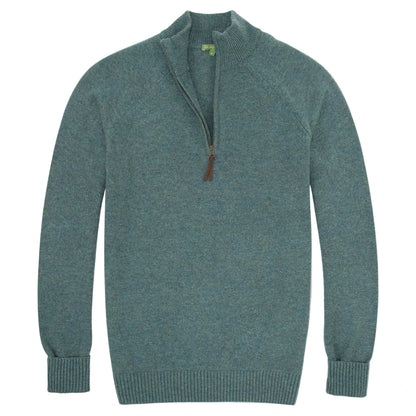 The Sid Mashburn Half-Zip Sweater, a light teal knit cashmere pullover with long sleeves, ribbed cuffs and hem, and a quarter-zip collar, is shown laid flat on a white background.